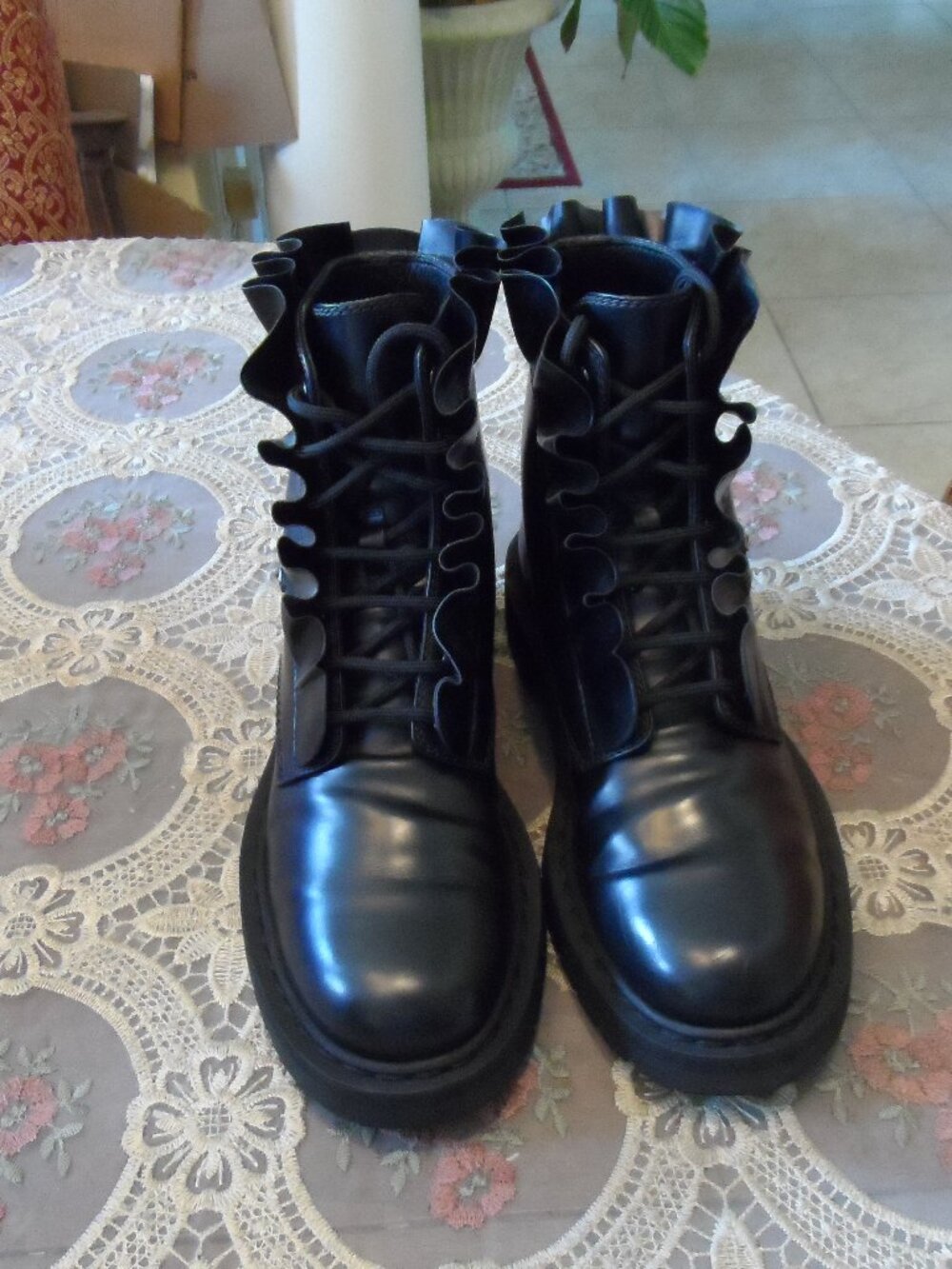 Valentino Garavani Black Leather Ruffle Combat Boots w/Beaded Heart Size 39.5B